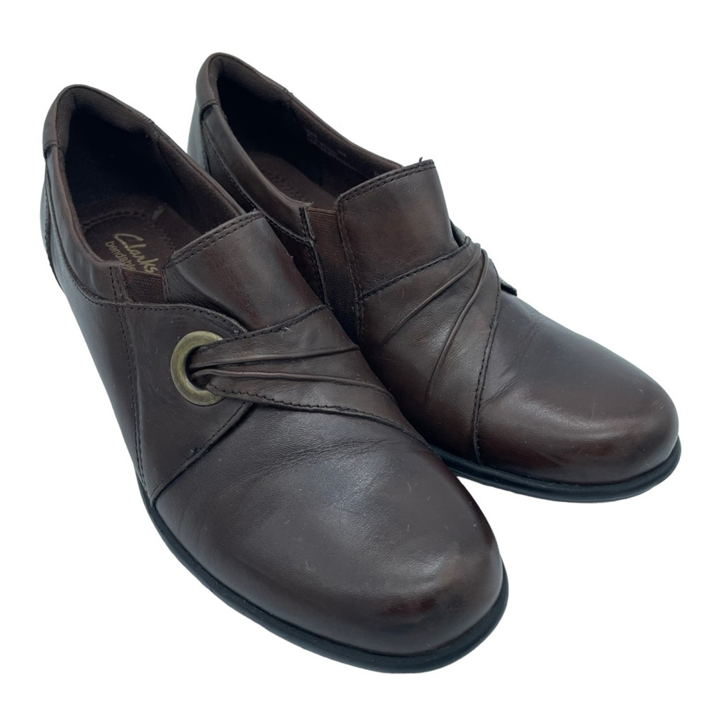 Clarks Womens Bendables Wish Trance Booties Brown Leather Slip On Mid Heel 9.5 M